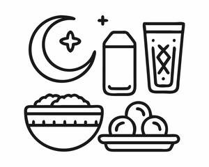 Simple line art illustration of a traditional Ramadan Iftar meal.