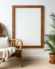 Blank Brown Wooden Frame Mockup in Cozy Living Room Setting