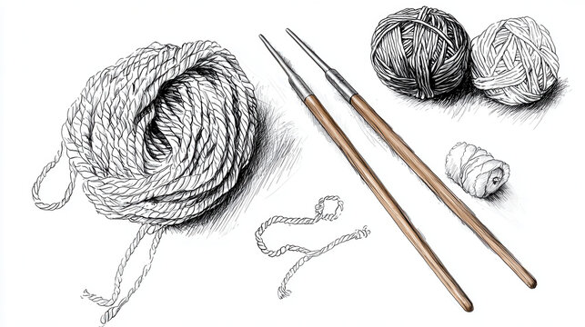 Crochet tools, yarn balls, and hooks in detailed line drawing style. This illustration captures essence of crafting and creativity