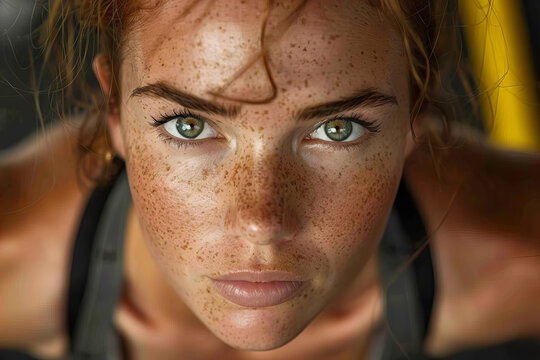 Close-up of a determined woman smiling while doing TRX push-ups with her coach at the gym