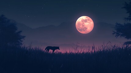 Lone wolf standing under glowing moonlight surrounded by serene and peaceful forest scenery
