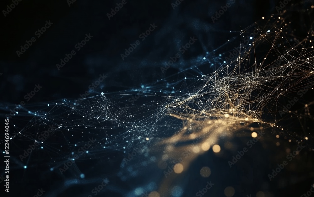 Aufkleber abstract network of interconnected dots and lines with golden highlights on a black background for t