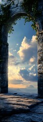 Fototapeta premium A podium set in front of an ancient stone archway, with vines growing over the stones and a beautiful sky behind