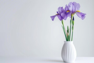 Delicate purple irises arranged in a white vase, adding elegance to a serene, minimalist interior setting isolated on transparent background © BANO'S