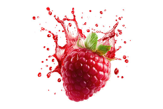 Fresh raspberry with red juice splash and green leaf isolated on white or transparent, PNG