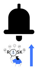 Black alarm bell, analyst examining RISK with a magnifying glass, and interconnected risk icons. Blue upward arrow for progress. Ideal for risk management, growth strategy, alert systems, business