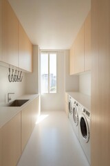 Laundry room with light wood cabinets, machines, sink, and city view, suitable for real estate