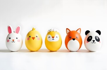 Fototapeta premium A bright minimalist Easter-themed image featuring five eggs painted to resemble cute animals