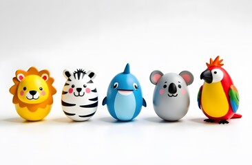Obraz premium A bright minimalist Easter-themed image featuring five eggs painted to resemble cute animals