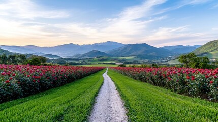 Rose field path leading to mountains at sunset