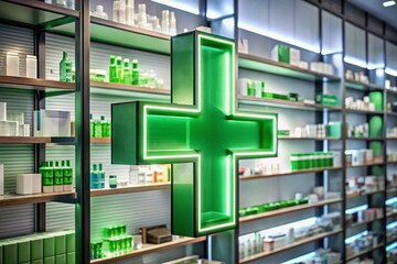 Obraz premium Illuminated Green Cross Pharmacy Sign in Drugstore Interior - High-Quality Stock Photo