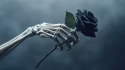 Mysterious banshee symbolism with skeleton hand holding black rose