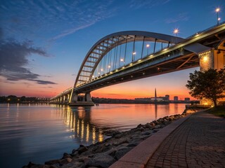 Obraz premium Illuminated Modern Bridges at Dusk: Captivating Architecture & Cityscape Stock Photo
