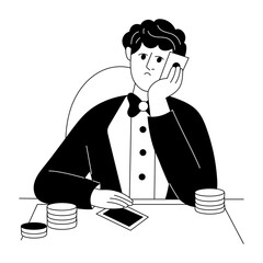 A character become sad at losing game, glyph illustration 

