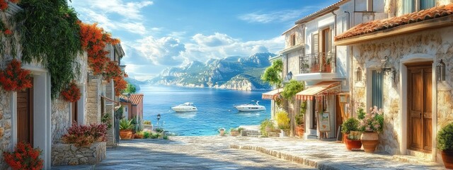 Beautiful Greek street in summer. Selective focus.