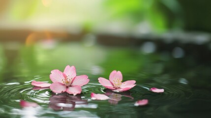 Delicate Pink Blossoms Floating on Calm Water Surface with Soft Sunlight in Tranquil Nature Setting