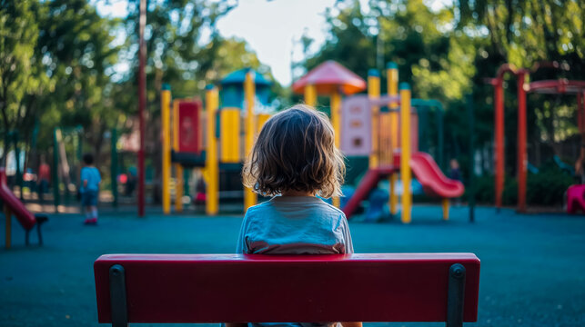 un enfant seul assis sur un banc dans un jardin d'enfants