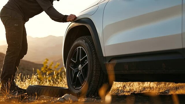 Fixing Flat Tire on Luxury Vehicle in Scenic Outdoor Location
