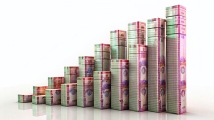 Indian Rupee Growth Chart: 3D Rendered Stack of Currency Notes Showing Financial Success