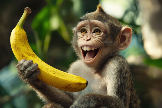 Monkey holding a banana with a wide grin, enjoying the moment