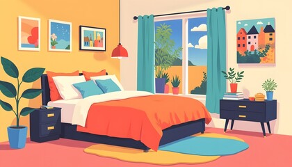 Modern Bedroom Design With Orange Bedding And Sunny View