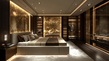 Luxurious master bedroom interior design, night, modern apartment