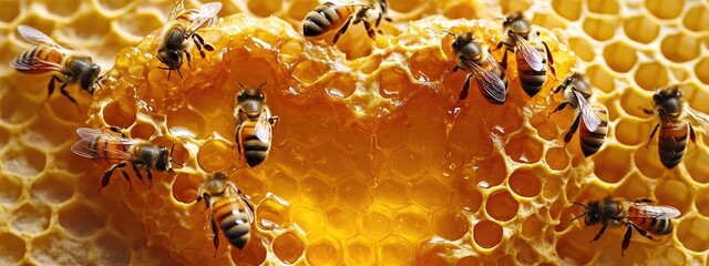 Heart shaped honeycomb with bees. Selective focus.