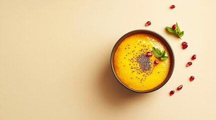 A black textured bowl of chia seed pudding with diced mango and mint, photographed in soft natural light.