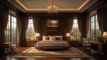 Luxurious master bedroom suite with forest view; interior design