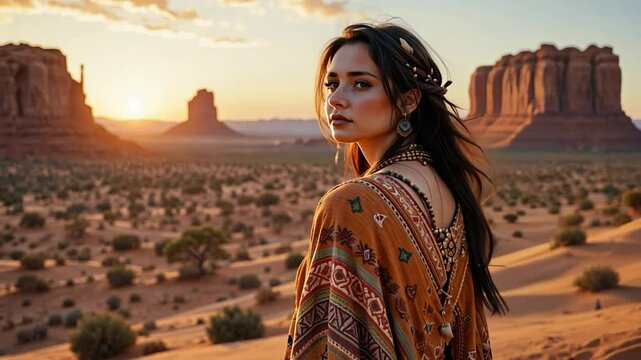  a bohemian traveler wearing a flowing, embroidered shawl in earthy tones, draped elegantly over their shoulders. 