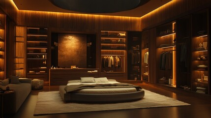 Luxurious master bedroom with walk-in closet, night lighting