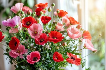 Fototapeta premium Vibrant Floral Bouquet in Red and Pink for Invitations, Greetings, and Wedding Cards: Close-Up Shot on Clear Background