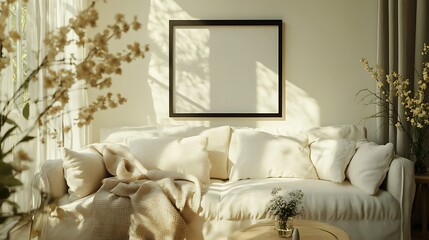 A mockup of an empty black frame on the wall