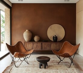 An inviting bohemian interior with a brown accent wall, a minimalist sideboard, and leather chairs
