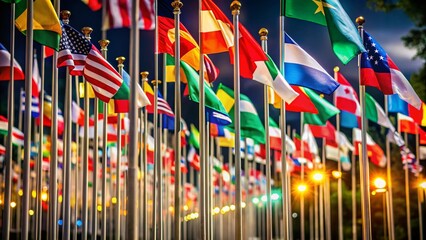 International Flags Wave in Low Light at Global Summit