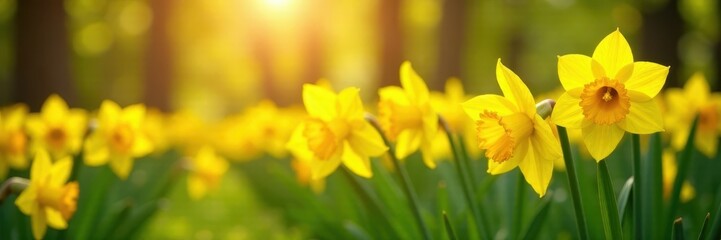Obraz premium Sunlit field of vibrant yellow daffodils blooming , wild flowers, landscape, yellow flowers