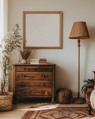 An inviting boho-themed rustic room with a white background, showcasing a blank poster frame on the wall, a vintage wooden dresser, and a warm-toned floor lamp, perfect for creative presentations