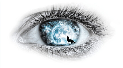 A mesmerizing close-up of an eye with a crystalline reflection of a lone wolf howling at a full moon, icy cool tones of blue and white contrasting with subtle shadows, lashes framing the image perfect
