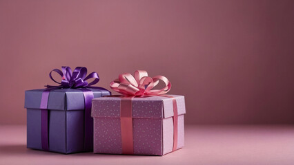 pink and purple gift boxes on pink copyspace background