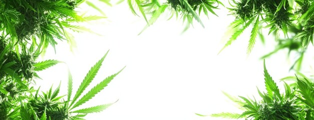 Close-up top view of a green hemp leaf on a white background, resembling cannabis and marijuana