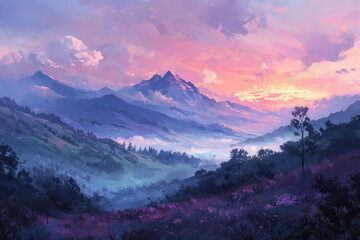 Fototapeta premium Vibrant sunrise over misty mountains with colorful glowing clouds