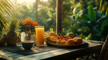Organic breakfast spread with fresh tropical fruits and juice on a sunlit table