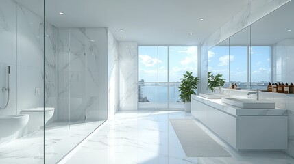 Luxurious modern bathroom, ocean view, sunlight, city skyline, real estate