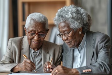 Elderly Couple Engaging in Retirement Planning and Asset Management Conversations at a Table with a Laptop and Financial Documents