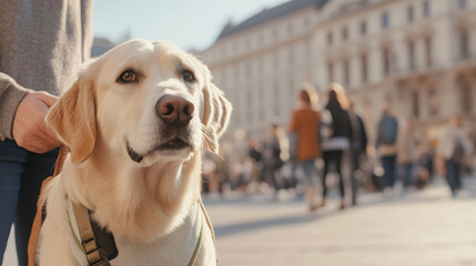 Golden retriever in urban setting highlighting accessible tourism and inclusivity