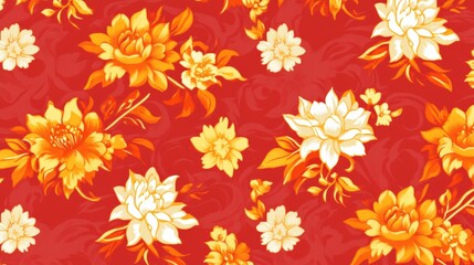 Elegant Floral Pattern Red Background Golden White Flowers