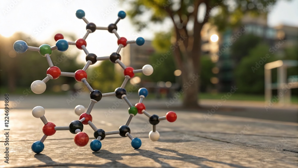 Poster isolated molecular structure: 3d rendering of complex chemical compound, right-aligned with copy spa