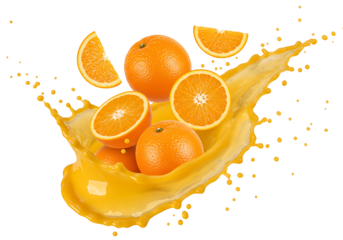 orange with orange juice splash  isolated on transparent background