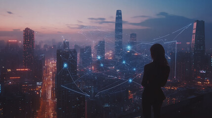 Abstract business woman stands on Smart digital Innovation city with connection network reciprocity over the twilight cityscape. of future wireless digital city and social media networking systems