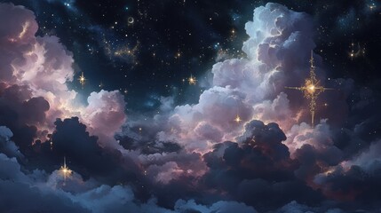 Fototapeta premium fantasy, clouds, towers, night, sky, stars, pink, purple, cosmic, otherworldly, magical, dreamlike, eerie, beautiful, artwork, digital art, painting, illustration, scifi, space, astral, heavenly, cele